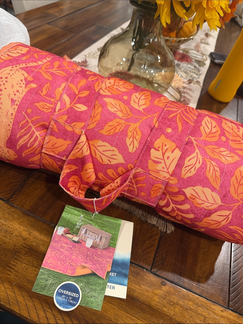 Oversized Floral Outdoor Picnic Blanket Pink & Orange water repellant reversible